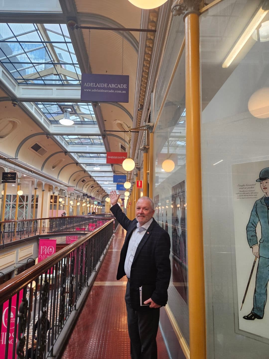 Colin Shearing on the upper balcony of Adelaide Arcade